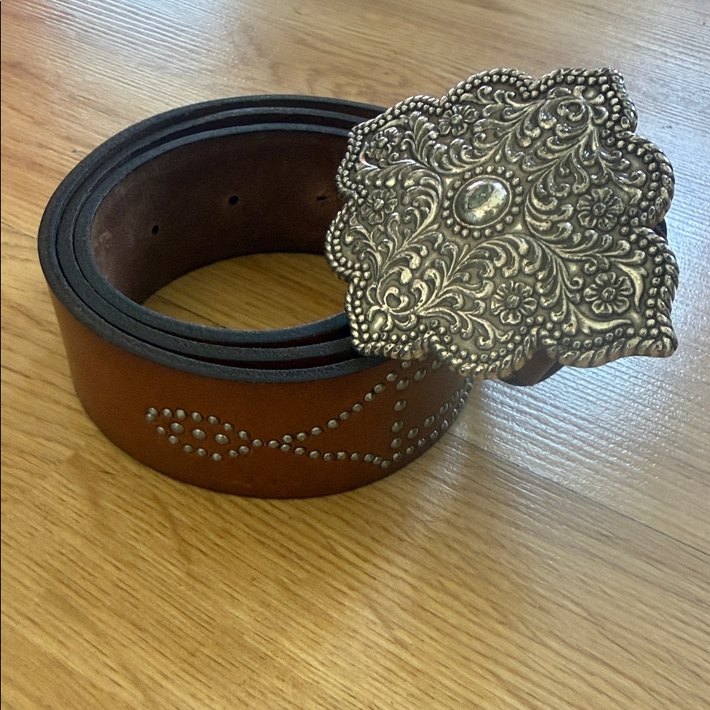 Fossil Tan Belt with Ornate Silver Buckle